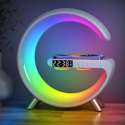 Blue Chilli Wireless Charging Station 15W With Led Mood Light Bluetooth Speaker Alarm Clock 5-In-1 White