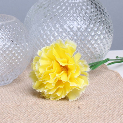 6 X Yellow Artificial Silk Carnations. Single Stems. Stem Length 48 Cm. Head Width 7 Cm.
