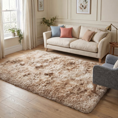 Oxford Homeware Shaggy Rug Anti-Slip Washable Soft Fluffy Living Room And Bedroom Rug (Mottled Beige, 120X170Cm) - image 1