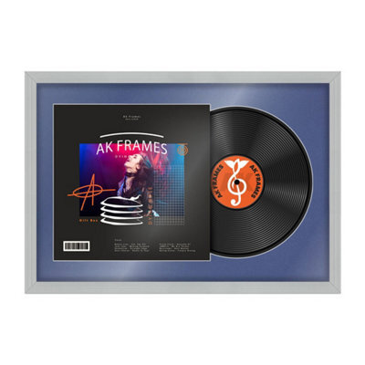 "AK Frames 25X17"" Light Grey Classic Vinyl Record Frame With Blue Mount For 12 Inch Lp Cover & Disc - Overlapped Design" - image 1