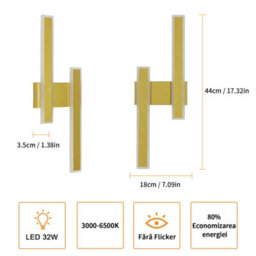 Pheashine Glitter Gold Double Bar Led Wall Light 32W 3Cct 3000K-6500K 44X18X3.5Cm Acrylic 220-240V - thumbnail 3