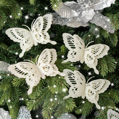 Melody Maison Set Of 4 White Glitter Butterfly Christmas Decoration Clips - image 1