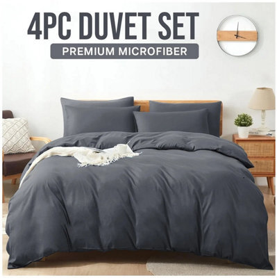 Ameha Plain Dyed Duvet Cover Complete Set With Matching Fitted Sheet & Pillowcase Microfiber Double Charcoal - image 1