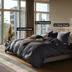 Ameha Plain Dyed Duvet Cover Complete Set With Matching Fitted Sheet & Pillowcase Microfiber Double Charcoal - thumbnail 3