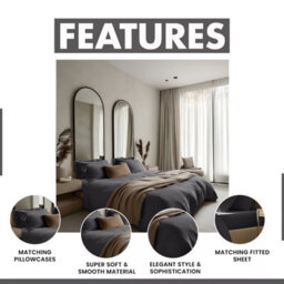 Ameha Plain Dyed Duvet Cover Complete Set With Matching Fitted Sheet & Pillowcase Microfiber Double Charcoal - thumbnail 5