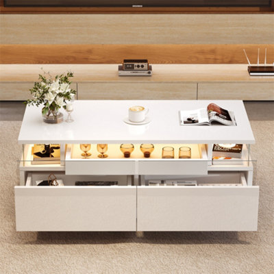 Abrihome High Gloss Coffee Table With 2 Drawer, Led Lights, Pull-Out Tray, Sofa Side Table, Coffee End Table For Living Room, Office, White - image 1