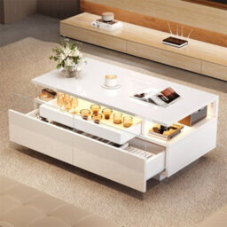 Abrihome High Gloss Coffee Table With 2 Drawer, Led Lights, Pull-Out Tray, Sofa Side Table, Coffee End Table For Living Room, Office, White - thumbnail 9