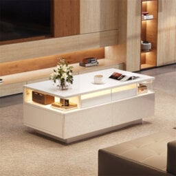 Abrihome High Gloss Coffee Table With 2 Drawer, Led Lights, Pull-Out Tray, Sofa Side Table, Coffee End Table For Living Room, Office, White - thumbnail 8