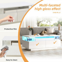 Abrihome High Gloss Coffee Table With 2 Drawer, Led Lights, Pull-Out Tray, Sofa Side Table, Coffee End Table For Living Room, Office, White - thumbnail 2
