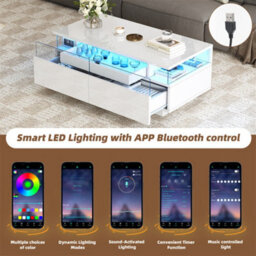 Abrihome High Gloss Coffee Table With 2 Drawer, Led Lights, Pull-Out Tray, Sofa Side Table, Coffee End Table For Living Room, Office, White - thumbnail 4