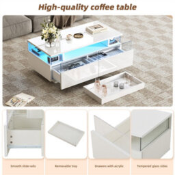 Abrihome High Gloss Coffee Table With 2 Drawer, Led Lights, Pull-Out Tray, Sofa Side Table, Coffee End Table For Living Room, Office, White - thumbnail 3
