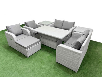 Fimous 7 Seater Outdoor Reclining Chair Love Sofa Set Rattan Garden Furniture Set Adjustable Lifting Table Footstool 2 Side Tables - image 1