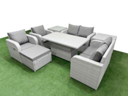 Fimous 7 Seater Outdoor Reclining Chair Love Sofa Set Rattan Garden Furniture Set Adjustable Lifting Table Footstool 2 Side Tables - thumbnail 1