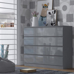 Fwstyle Stora Grey Gloss 8 Drawer Chest (H) 99Cm (W) 110Cm (D) 40Cm - Extra Deep 14Cm Drawers
