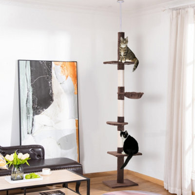 Pawhut Floor To Ceiling Cat Tree 5-Tier Climbing Tower Scratching Post Brown - image 1