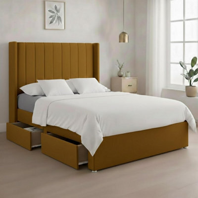 Luxury Mustard Plush Milan King Size Bed Frame With Mattress 54 Inches Wingback Headboard 2 Footend Storage Drawers - image 1