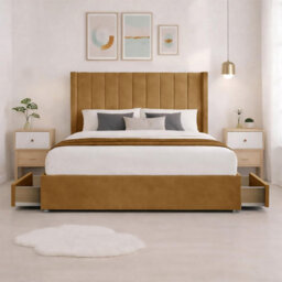 Luxury Mustard Plush Milan King Size Bed Frame With Mattress 54 Inches Wingback Headboard 2 Footend Storage Drawers - thumbnail 2