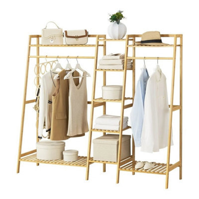 Natural Bamboo Freestanding Open Clothes Rack Storage Rail Coat Stand Shelf Standard - image 1