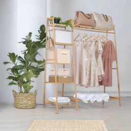 Natural Bamboo Freestanding Open Clothes Rack Storage Rail Coat Stand Shelf Standard - thumbnail 5