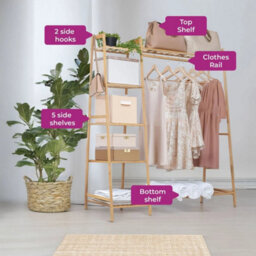 Natural Bamboo Freestanding Open Clothes Rack Storage Rail Coat Stand Shelf Standard - thumbnail 4