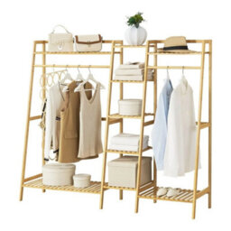 Natural Bamboo Freestanding Open Clothes Rack Storage Rail Coat Stand Shelf Standard - thumbnail 1