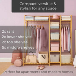 Natural Bamboo Freestanding Open Clothes Rack Storage Rail Coat Stand Shelf Standard - thumbnail 3