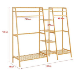 Natural Bamboo Freestanding Open Clothes Rack Storage Rail Coat Stand Shelf Standard - thumbnail 2