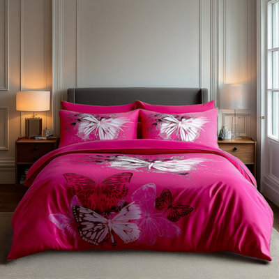 Duvet Cover And Pillowcase Set Butterfly Design Polycotton Bed Linen Pink - image 1