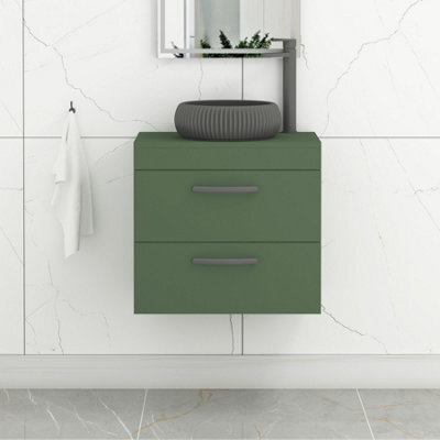 Royal Bathrooms Turin 600mm Wall Mounted Bathroom Vanity Unit With Sink 2 Drawer Matt Green & Milan Black Countertop Basin - image 1
