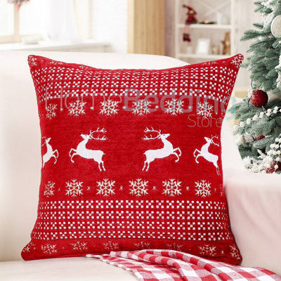 Velosso Festive Design Red Cushion, Cotton Chenille, Zip Closure, Machine Washable - Red