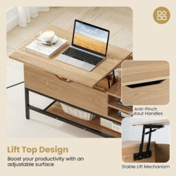 Costway Lift Top Coffee Table With Shelf Wooden Lifting Living Room Table-Natural - thumbnail 6