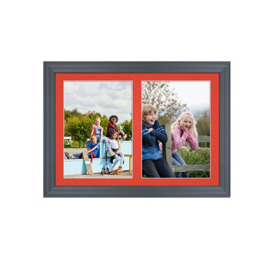 AK Frames 20X14 Dark Grey Classic Multi Photo Frame With Poppy Red Mount - Holds 2 Apertures (2X) A4 Photos - image 1