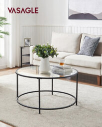 Vasagle Round Coffee Table, Living Room Table, Glass Table With Steel Frame, Sofa Table, Tempered Glass, Black