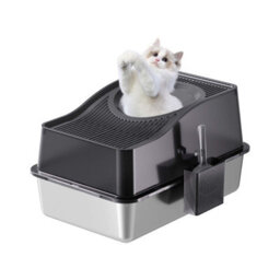 London Boutique 60X40X34.5Cm Stainless Steel Enclosed Cat Litter Box, Top Entry High Sided Tray, Scoop, Black