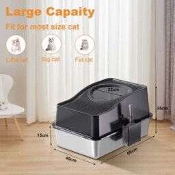 London Boutique 60X40X34.5Cm Stainless Steel Enclosed Cat Litter Box, Top Entry High Sided Tray, Scoop, Black - thumbnail 3