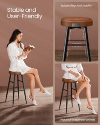 Songmics Pair Of Bar Chairs, Kitchen Counter Seating, Breakfast Stools, Faux Leather, Modern Mid-Century Design, Caramel Brown - thumbnail 6