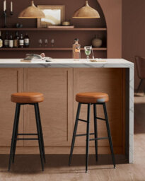 Songmics Pair Of Bar Chairs, Kitchen Counter Seating, Breakfast Stools, Faux Leather, Modern Mid-Century Design, Caramel Brown