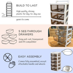 Pre-Assembled Storage Unit, Storage Drawers, White Plastic Storage 5 Drawer Organizer By Froppi™ L28.5 W34 H72 Cm - thumbnail 3