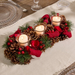 Dibor Winter Red Rose Trio Tealight Xmas Table Decoration Centrepiece Christmas Décor Candle Holder - thumbnail 3