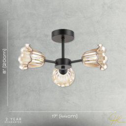 Happy Homewares Designer Matte Black Ceiling Light With Amber Floral Glass Shades - thumbnail 7