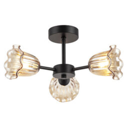 Happy Homewares Designer Matte Black Ceiling Light With Amber Floral Glass Shades - thumbnail 2