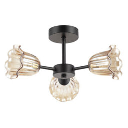 Happy Homewares Designer Matte Black Ceiling Light With Amber Floral Glass Shades - thumbnail 1