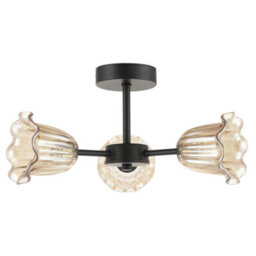 Happy Homewares Designer Matte Black Ceiling Light With Amber Floral Glass Shades - thumbnail 5