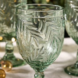 Dibor Set Of 4 Laurier Green Embossed Leaf Drinking Glass Spring Summer Wine Goblets 320Ml - thumbnail 4