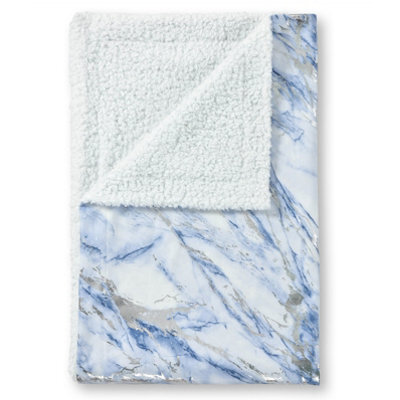 Velosso Sophisticated Velvet Throw Blanket With Sherpa Backed Warm Lining, Metallic Marble Design, 150Cm X 200Cm Throw - Blue