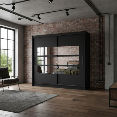 Bega Iii 180 Cm Sliding Door Wardrobe With Mirror Shelving And Hanging Rail Storage Black - image 1
