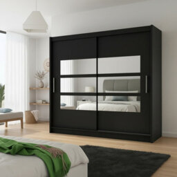 Bega Iii 180 Cm Sliding Door Wardrobe With Mirror Shelving And Hanging Rail Storage Black - thumbnail 2