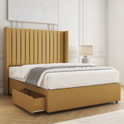 Bsspoke Manhattans Divan Bed Mustard Plush Velvet 54Inch Wingedback Headboard & 2 Drawers Footend & Mattress In All Sizes - thumbnail 1