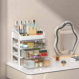 Amorly 4 Tier White Makeup Organizer With Drawers, Pp Plastic Desktop Cosmetic Storage Box, Dustproof Vanity Organizer For Skincare - thumbnail 1