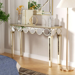 Artloge 120Cm Glass Mirrored Console Table Glass Mirror Entryway Desk With Light Golden Edge Frame - thumbnail 4